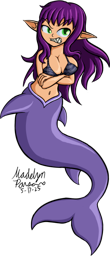 mermaid with purple hair and shark tail with her arms crossed and a grumpy look on her face